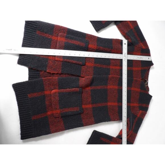 Dress Forum Cardigan Long Duster M/L Buffalo Plaid Red Black Duster Fuzzy Knit - Picture 8 of 11
